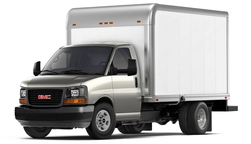 White GMC Savana box truck exterior